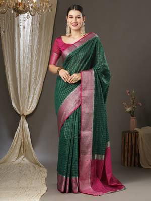 Dark green checks design silk blend saree with blouse piece 1