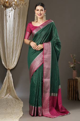 Dark green checks design silk blend saree with blouse piece
