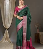 Dark green checks design silk blend saree with blouse piece