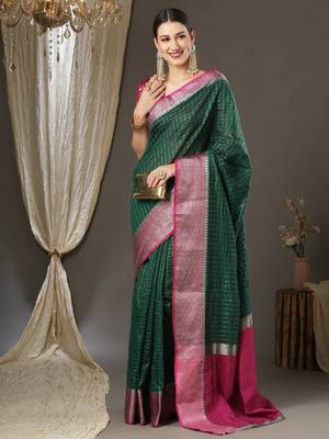Dark green checks design silk blend saree with blouse piece 2