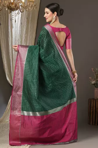 Dark green checks design silk blend saree with blouse piece