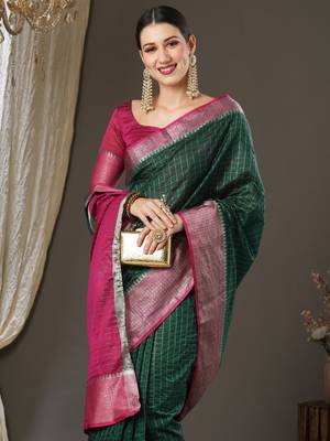 Dark green checks design silk blend saree with blouse piece 4