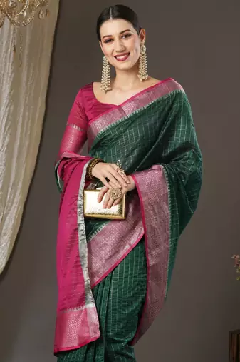 Dark green checks design silk blend saree with blouse piece