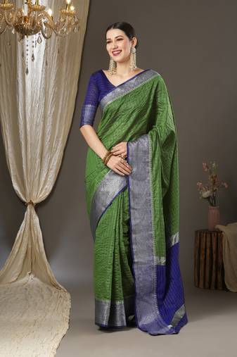 Green checks design silk blend saree with blouse piece