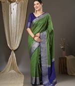 Green checks design silk blend saree with blouse piece