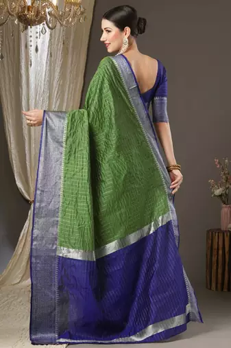 Green checks design silk blend saree with blouse piece