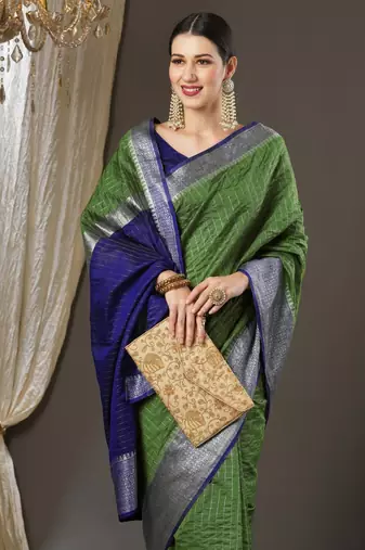 Green checks design silk blend saree with blouse piece