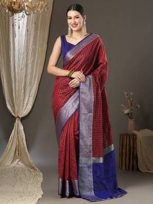 Maroon checks design silk blend saree with blouse piece 1
