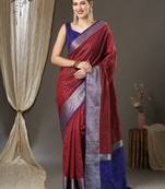 Maroon checks design silk blend saree with blouse piece