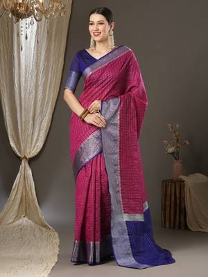 Pink checks design silk blend saree with blouse piece 1
