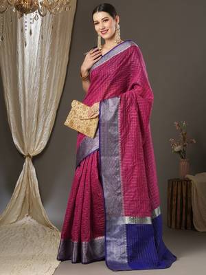 Pink checks design silk blend saree with blouse piece 2