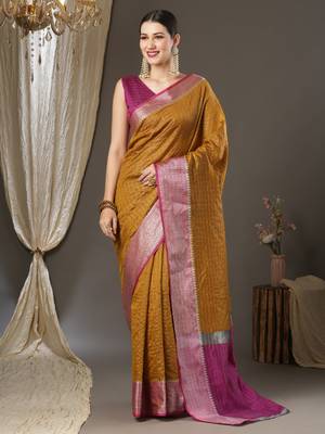 Mustard checks design silk blend saree with blouse piece 1