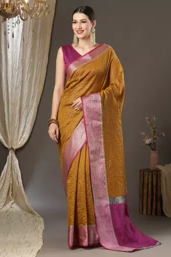 Mustard checks design silk blend saree with blouse piece