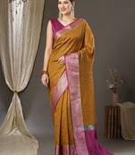 Mustard checks design silk blend saree with blouse piece