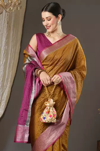 Mustard checks design silk blend saree with blouse piece