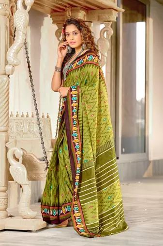 Green mulcotton ikat print saree with unstitched blouse piece
