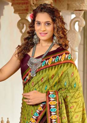 Green mulcotton ikat print saree with unstitched blouse piece 4