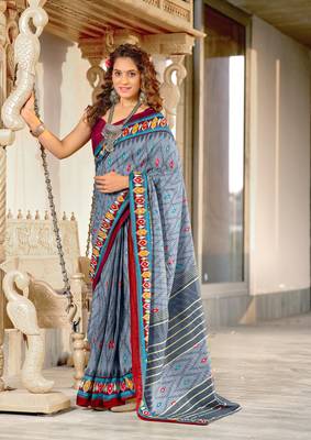 Grey mulcotton ikat print saree with unstitched blouse piece 1