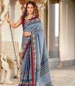 Grey mulcotton ikat print saree with unstitched blouse piece