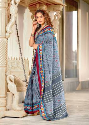 Grey mulcotton ikat print saree with unstitched blouse piece 2
