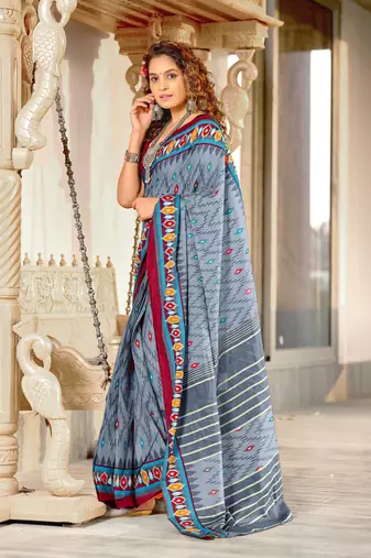 Grey mulcotton ikat print saree with unstitched blouse piece