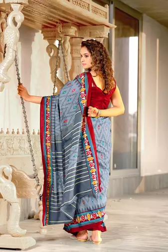 Grey mulcotton ikat print saree with unstitched blouse piece
