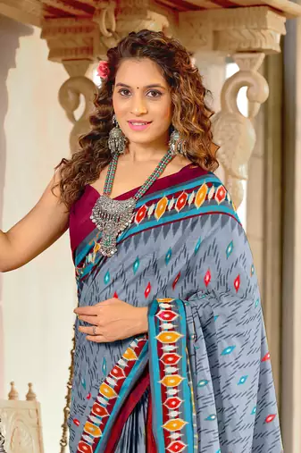Grey mulcotton ikat print saree with unstitched blouse piece