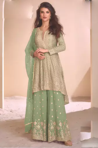 Sea green georgette embroidered designer palazzo suit