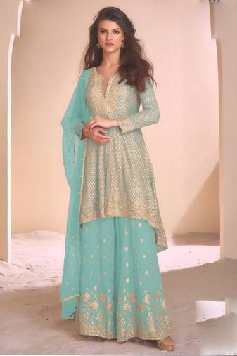 Sky blue georgette embroidered designer palazzo suit