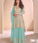 Sky blue georgette embroidered designer palazzo suit