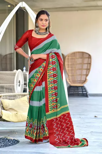 Red mulcotton block print saree with unstitched blouse piece