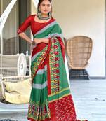 Red mulcotton block print saree with unstitched blouse piece