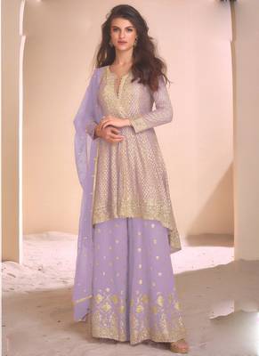 Lavender georgette embroidered designer palazzo suit 1