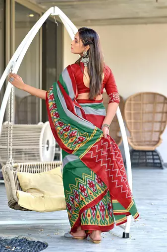 Red mulcotton block print saree with unstitched blouse piece