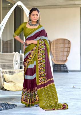 olive mulcotton block print saree with unstitched blouse piece 1