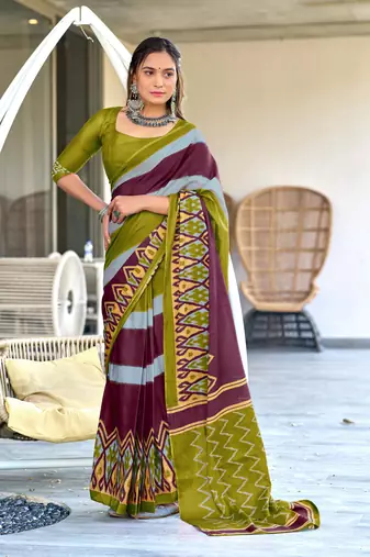 olive mulcotton block print saree with unstitched blouse piece