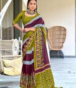 olive mulcotton block print saree with unstitched blouse piece
