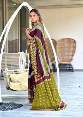 olive mulcotton block print saree with unstitched blouse piece 2