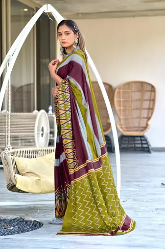 olive mulcotton block print saree with unstitched blouse piece