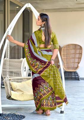 olive mulcotton block print saree with unstitched blouse piece 3