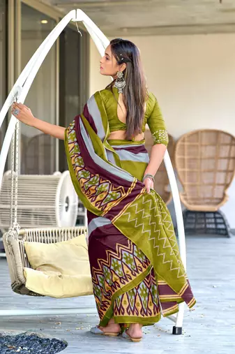 olive mulcotton block print saree with unstitched blouse piece