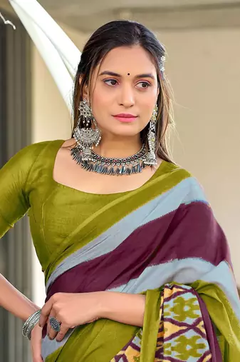 olive mulcotton block print saree with unstitched blouse piece