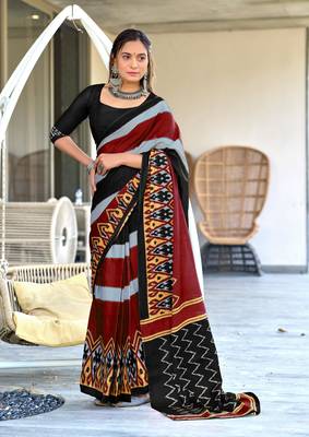 black mulcotton block print saree with unstitched blouse piece 1
