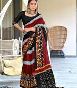 black mulcotton block print saree with unstitched blouse piece