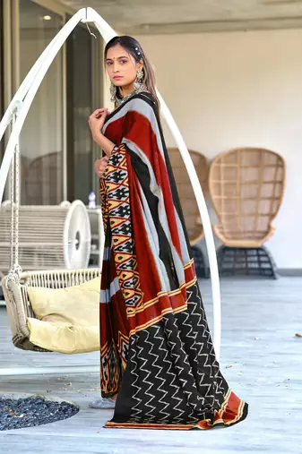black mulcotton block print saree with unstitched blouse piece