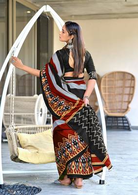 black mulcotton block print saree with unstitched blouse piece 3