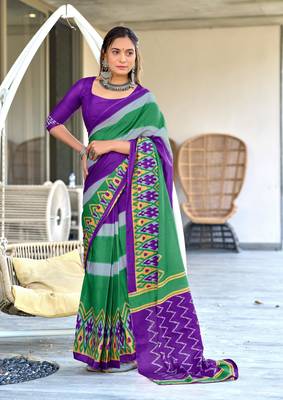 Purple mulcotton block print saree with unstitched blouse piece 1