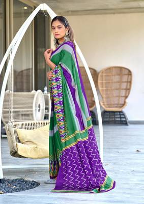 Purple mulcotton block print saree with unstitched blouse piece 2