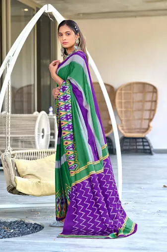 Purple mulcotton block print saree with unstitched blouse piece