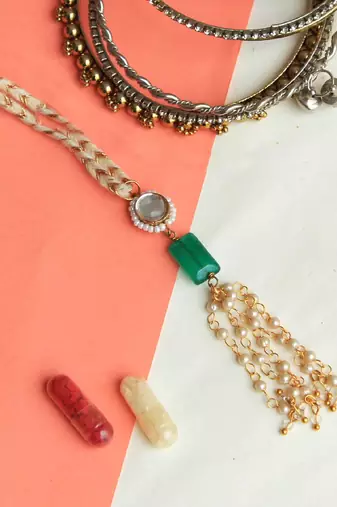 Green stone & pearl tassle lumba  with roli chawal
